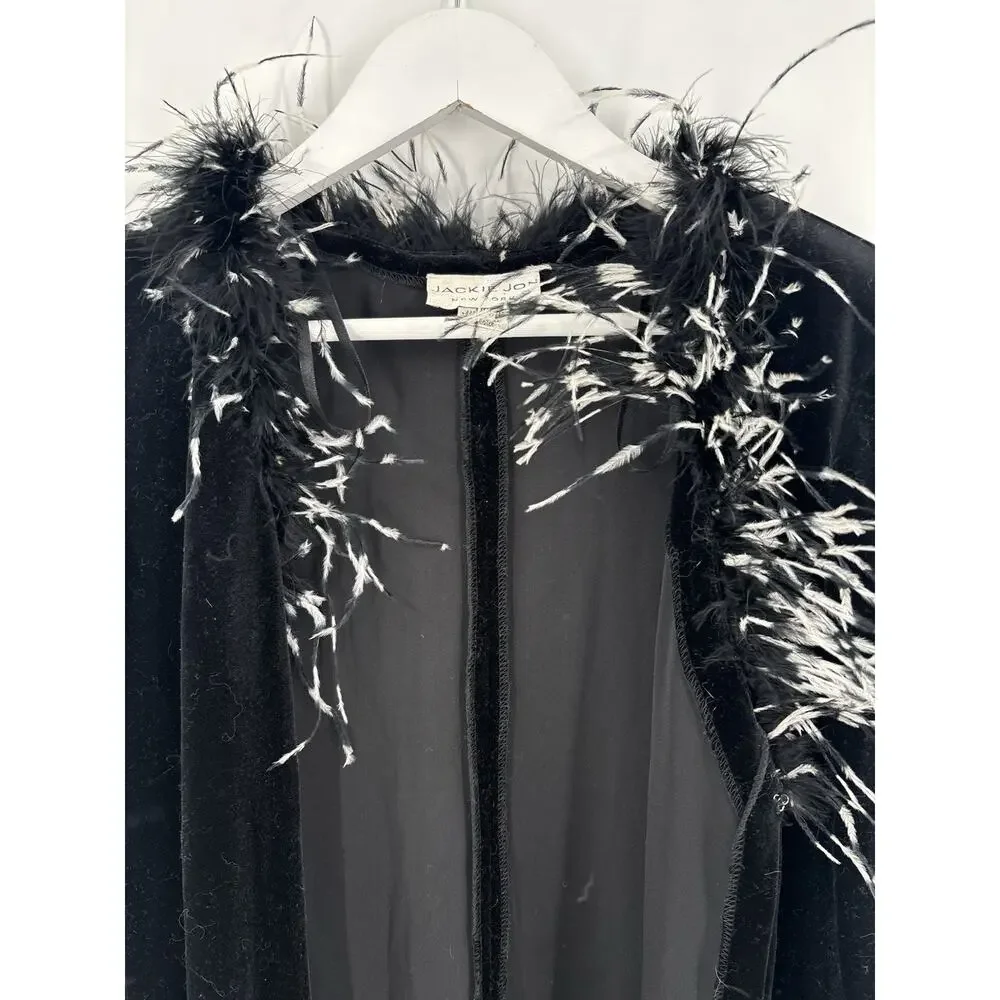 Jackie Jon Vintage Cardigan Sweater Womens Medium Black Velvet Feather Collared